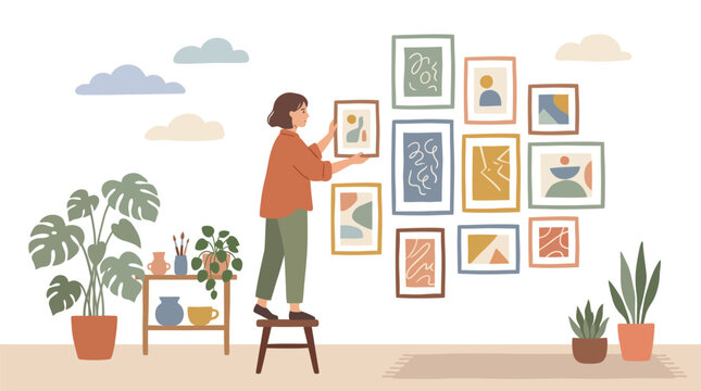 A Person Arranging Art Frames in a Cozy Home Gallery Space.