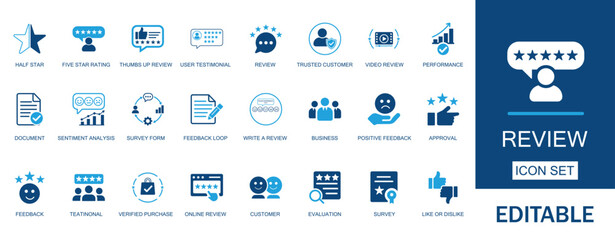 Naklejka premium Review and customer feedback icon set. Features star ratings, user testimonials, verified purchase, sentiment analysis, and online evaluation symbols for business reputation.