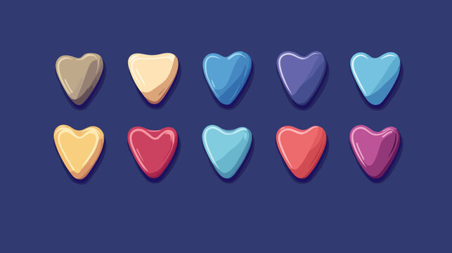 Collection of ten colorful, glossy heart-shaped objects arranged in two rows on a dark blue background