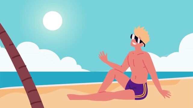 Young man relaxing on tropical beach summer vacation animation footage.