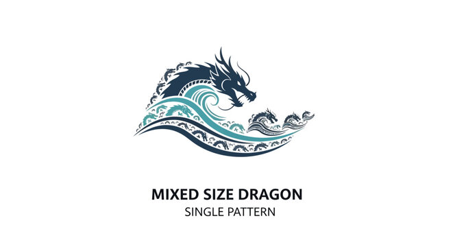 Majestic dragon silhouette amidst stylized ocean waves, Asian art style, dark blue and teal.