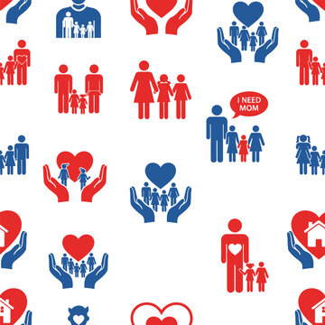 Pattern featuring red and blue icons illustrating family units, parental care, and concepts of love and belonging.