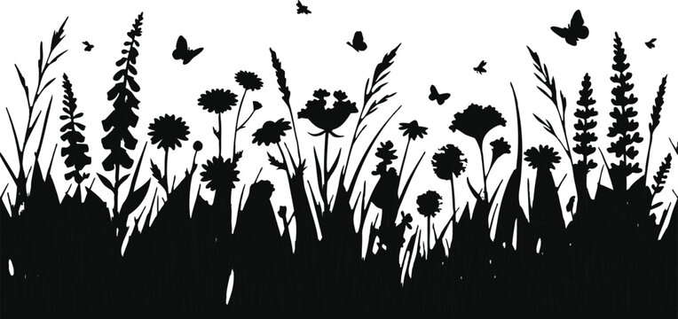 Black silhouette of a wild meadow with spring wildflowers, tall grass, flying butterflies, and bees on white background.