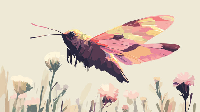 Digital illustration of a vibrant hummingbird hovering among pink flowers