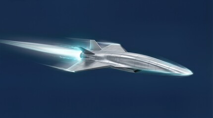 Fototapeta premium Futuristic spaceship soaring through deep space with glowing blue exhaust trails. Sleek silver aerospace vehicle in motion. Sci-fi concept for space exploration and interstellar travel innovation