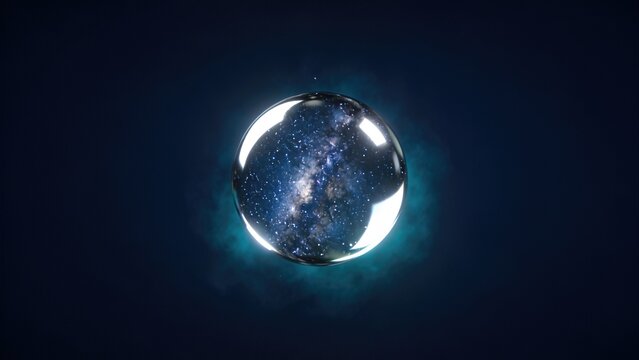Glowing transparent orb enclosing starry galaxy. Cosmic bubble with universe inside on dark blue background. Sci-fi concept of infinite cosmos and celestial wonder