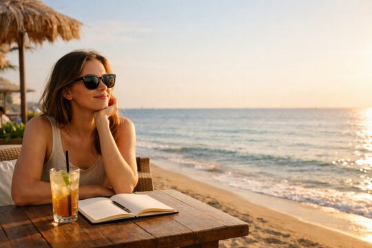 A woman relaxes on a beachside chair, sipping a drink and writing in her notebook as the sun sets over the ocean, creating a beautiful scene.