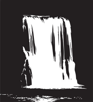 Waterfall cascading into dark pool with silhouetted figures at base in black and white, Generative AI