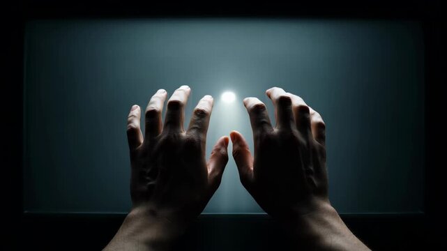 First-person perspective of hands reaching towards a bright light in darkness, hope, discovery, mysterious illumination