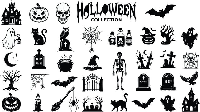 Halloween silhouette icon vector collection featuring spooky ghosts bats pumpkins skulls skeletons and haunted house design elements