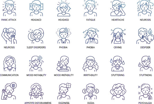 Line art illustrations of people experiencing various mental and physical health issues like panic attacks, headaches.