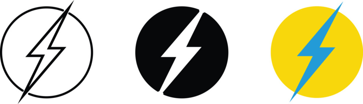 Three circular with lightning bolt symbols in white, black, and yellow circle