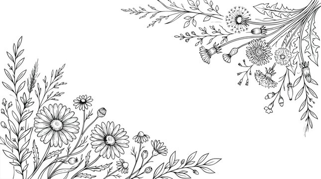 Hand drawn botanical line art floral border with monochrome wildflowers daisies and dandelions surrounding blank center copy space