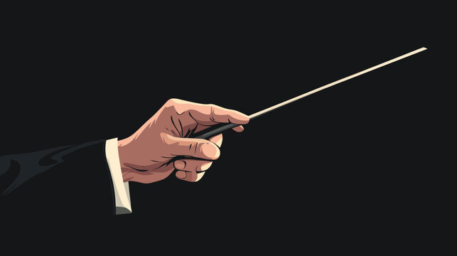 Illustration of a hand in suit holding a conductor's baton against black background