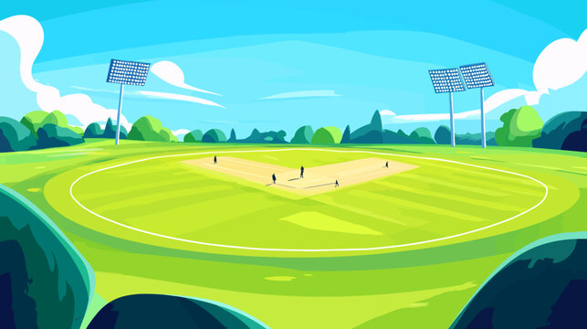 Illustration of a baseball field with surrounding trees and floodlights