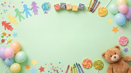 Fototapeta premium Flat lay back to school scene with wooden blocks spelling notice. Fun education learning concept for classroom and student inspiration