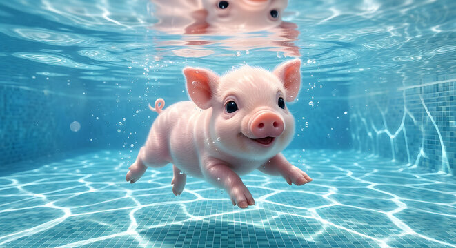 Cute 3D piglet swimming underwater in a clear blue pool, summer vacation concept.