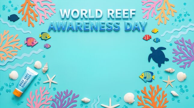 Colorful paper cutouts of coral fish turtle and seashells around reef-safe sunscreen tube on blue background. World reef awareness day concept for ocean conservation and marine protection