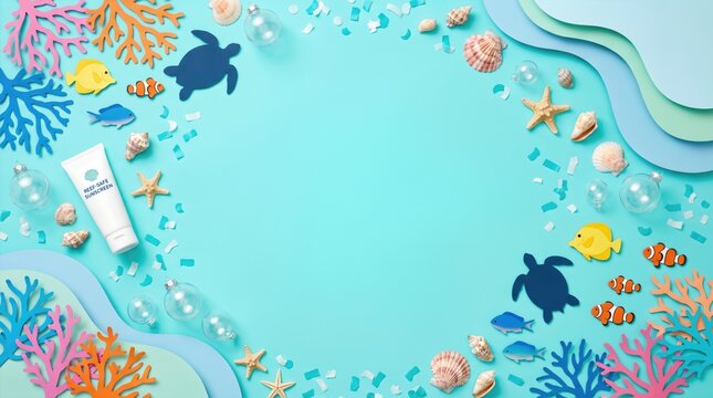 Paper cutout underwater scene with reef-safe sunscreen tube amid colorful turtles, clownfish, angelfish and corals. Summer beach skincare for marine life preservation