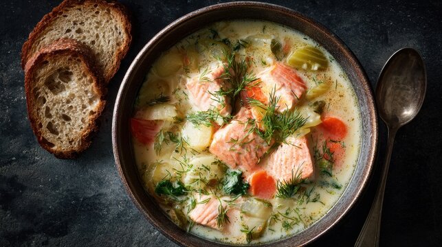 Creamy salmon chowder with dill, vegetables and crusty bread
