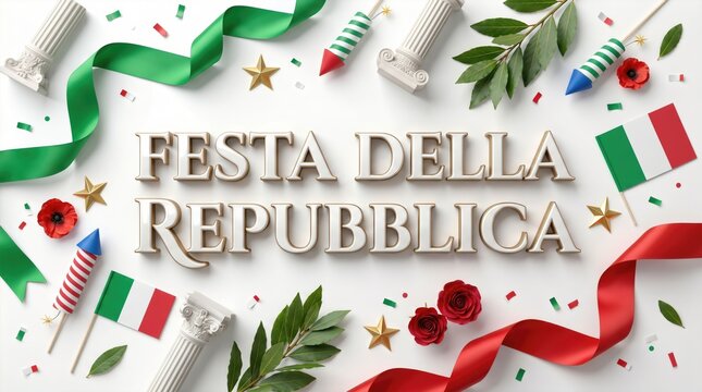 Festa della repubblica italian national holiday flat lay. Patriotic celebration with tricolor flags, fireworks, ribbons, classical columns and flowers. June 2nd independence day design concept