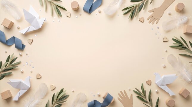 Origami dove surrounded by olive branches and wooden hearts. Peace and love symbols in flat lay arrangement. Beige background composition for wedding invitations and greeting cards