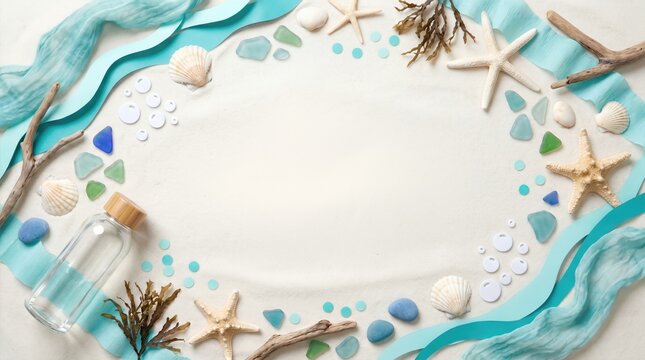 Beach flat lay composition with seashells starfish and sea glass. Ocean wave border of driftwood seaweed and bottle. Summer marine theme for invitations and graphic design