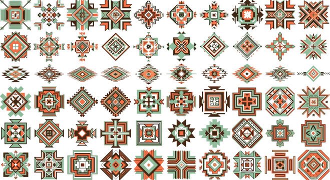 Large Collection of Geometric Ethnic Tribal Motifs with Aztec and Mayan Inspired Patterns for Textile Design, Bohemian Branding, Fashion Prints, and Decorative Cultural Art Projects