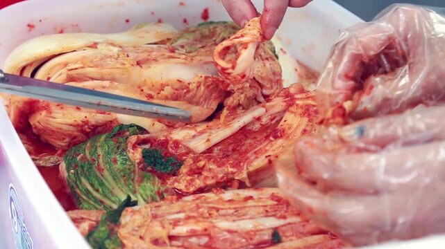 배추김치 김장 한국 전통 음식 식재료 서울: 대한민국 서울에서 정성스럽게 담근 배추김치를 손질하는 모습입니다. 붉은 양념이 잘 배어든 김치의 질감과 색감을 클로즈업하여 포착하였으며, 한국의 김장 문화, 발효 음식, 건강한 한식 식단 및 전통 요리 과정을 상징하는 실내 영상입니다.