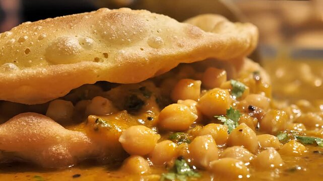 Delicious Indian Chole Bhature closeup shot with fluffy bhatura and chickpea curry.