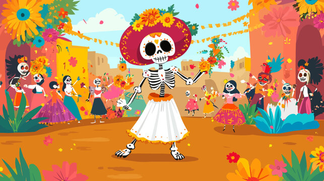 Colorful D?a de los Muertos celebration with decorated skeletons