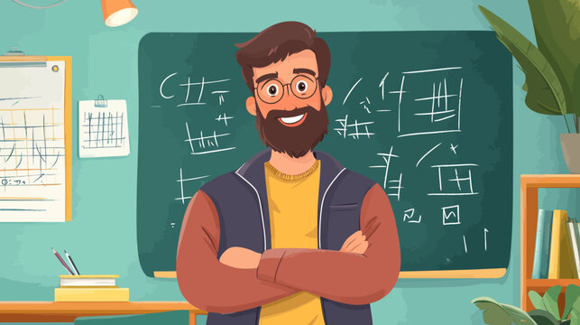 Cheerful male teacher standing with arms crossed in classroom