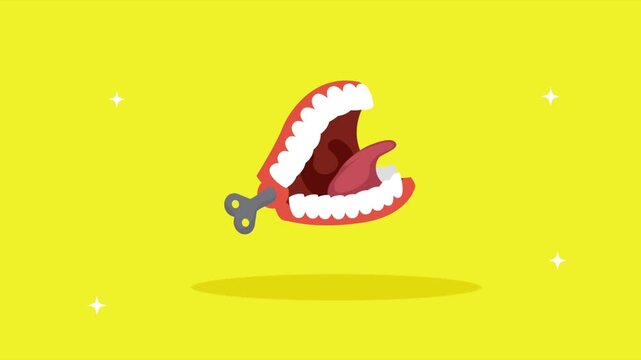 Chattering teeth wind-up toy bouncing and moving playfully across a vibrant yellow background with sparkling accents, creating a fun motion graphic.
