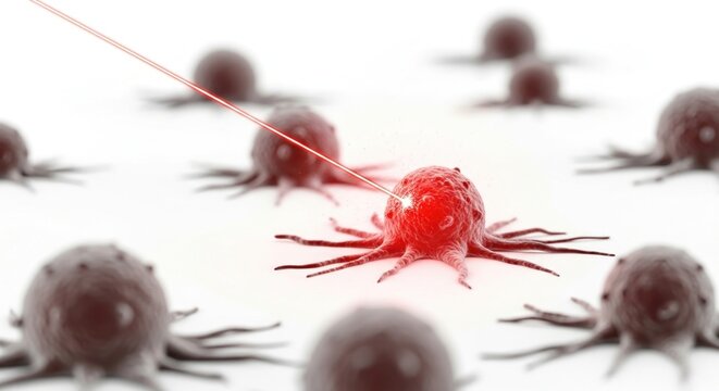 3d render of a red blood cell being targeted by a laser beam, medical science, healthcare concept isolated on transparent background