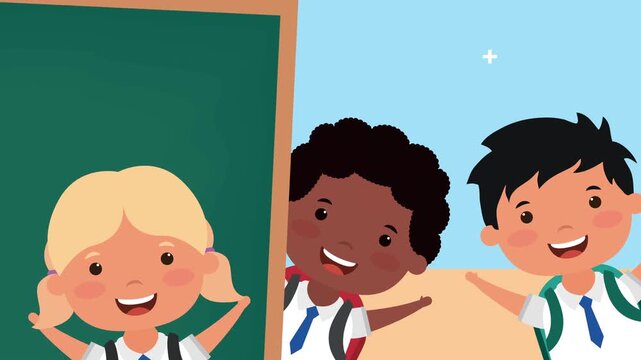 Little happy interracial students animation with chalkboard in classroom setting back to school footage.