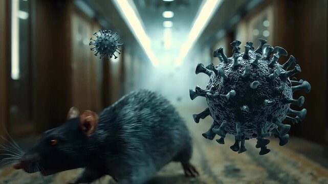 A rat in a corridor facing a coronavirus model, illustrating a confrontation between a rodent and virus, with bright overhead lights creating a tense atmosphere