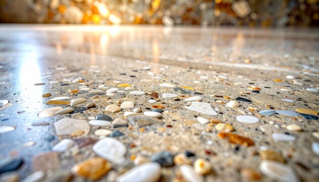 Polished concrete floor with exposed marble and stone aggregate in natural light