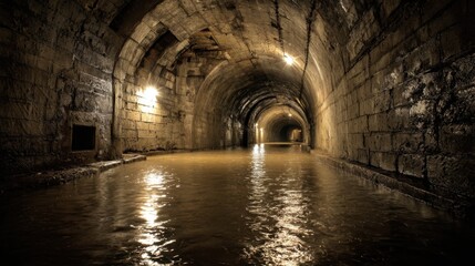 Obraz premium Flooded underground stone tunnel with arched ceiling and artificial lighting