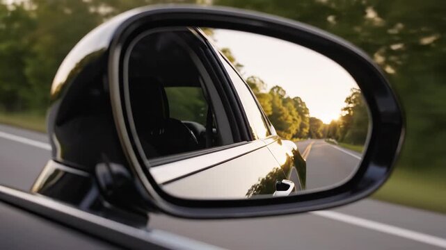 Reflection of sunset driving down a tree-lined road in a car's side mirror