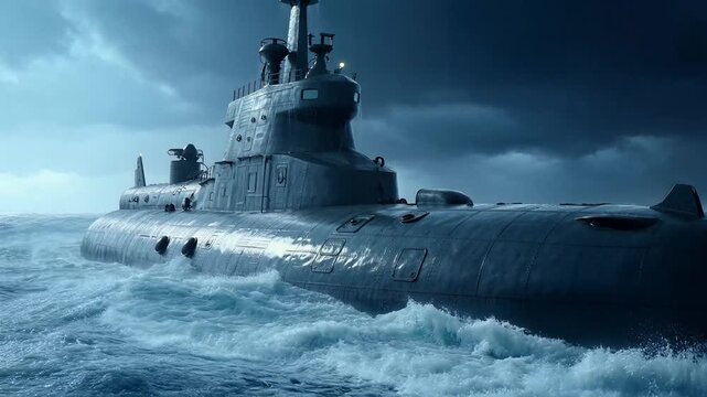 Modern Nuclear Submarine Navigating Through Stormy Ocean Waves During Storm.