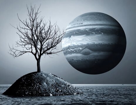 Surreal Landscape - Bare Tree on Island with Jupiter in Sky.