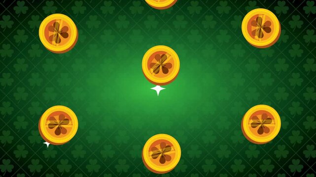 Saint Patricks day motion background with falling golden clovers coins on green patterned shamrock surface.