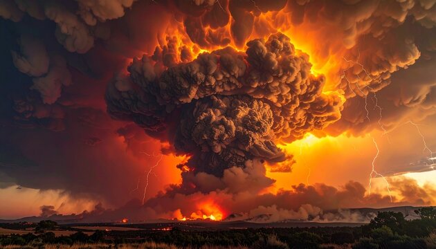 Massive pyrocumulus cloud erupting from wildfire with lightning storm at dusk
