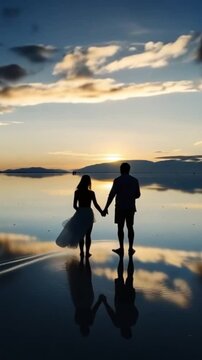 Salar de Uyuni in Bolivia during sunset. Aerial image Rainy Season.Time lapse in vertical video
