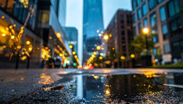 Upside-down skyscraper reflection in rain puddle at dusk