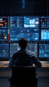 IT specialist monitoring cybersecurity data and network systems in high-tech control room with multiple screens, digital security operations concept.generative ai