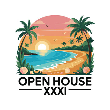 Tropical beach sunset illustration for open house real estate event branding design