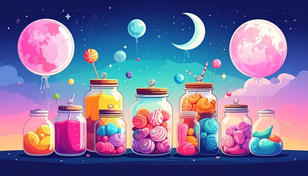 Floating candy jars under colorful crystal moons in surreal fantasy landscape