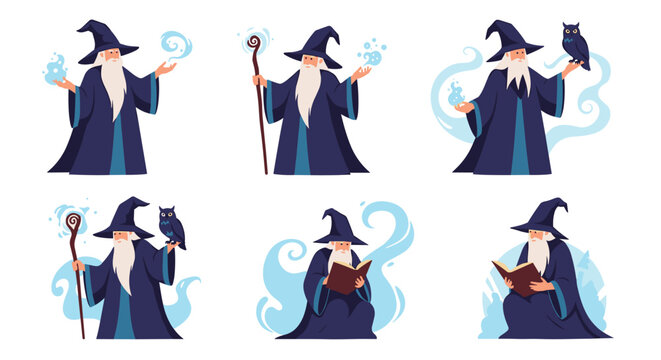 Set of wise wizard characters in blue robes and hats performing magic, reading books, or posing with an owl.