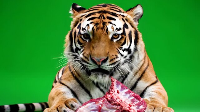 Majestic Tiger Devouring Meat on a Vibrant Green Background.